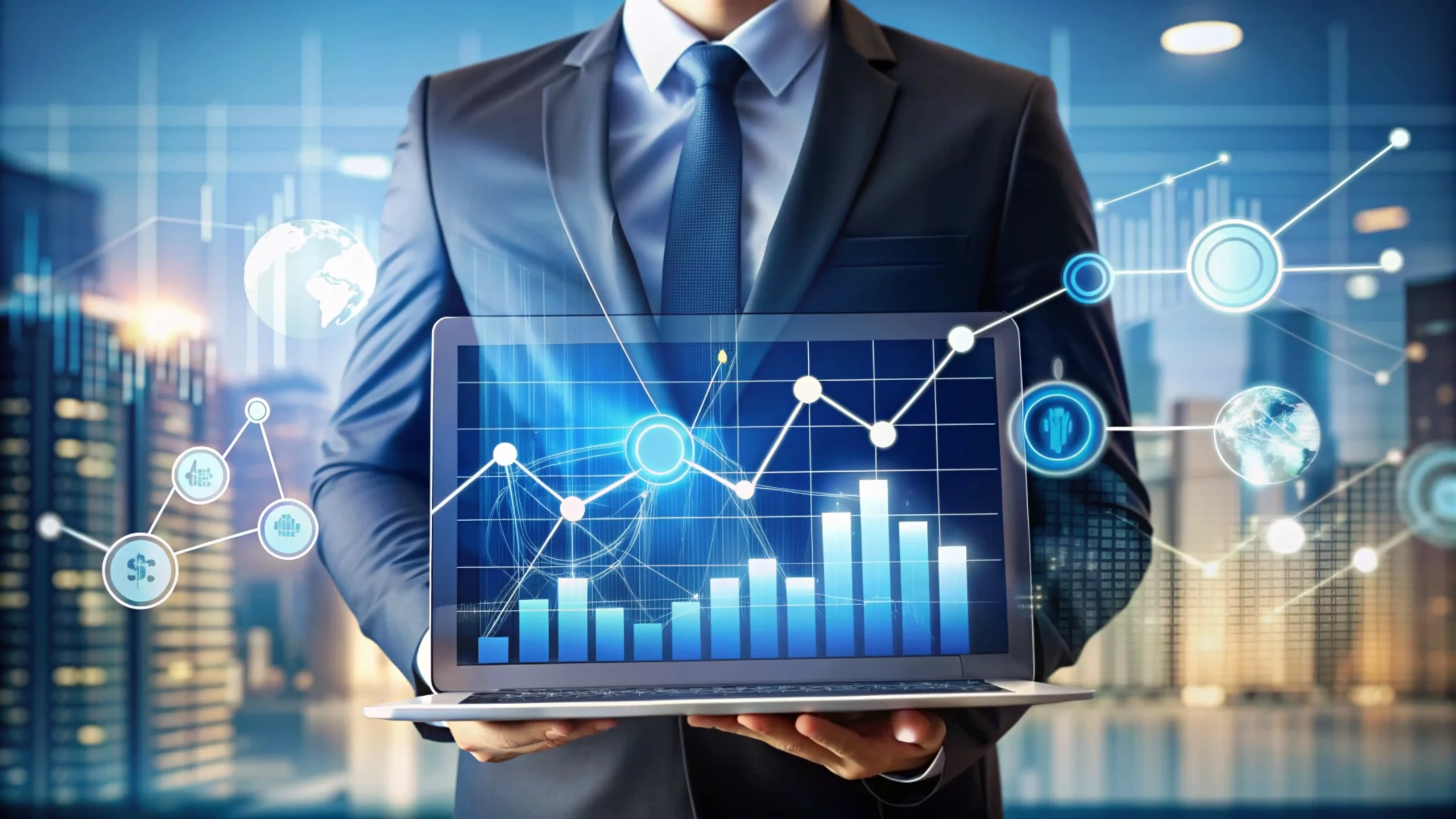 Businessman holding a laptop showing financial data