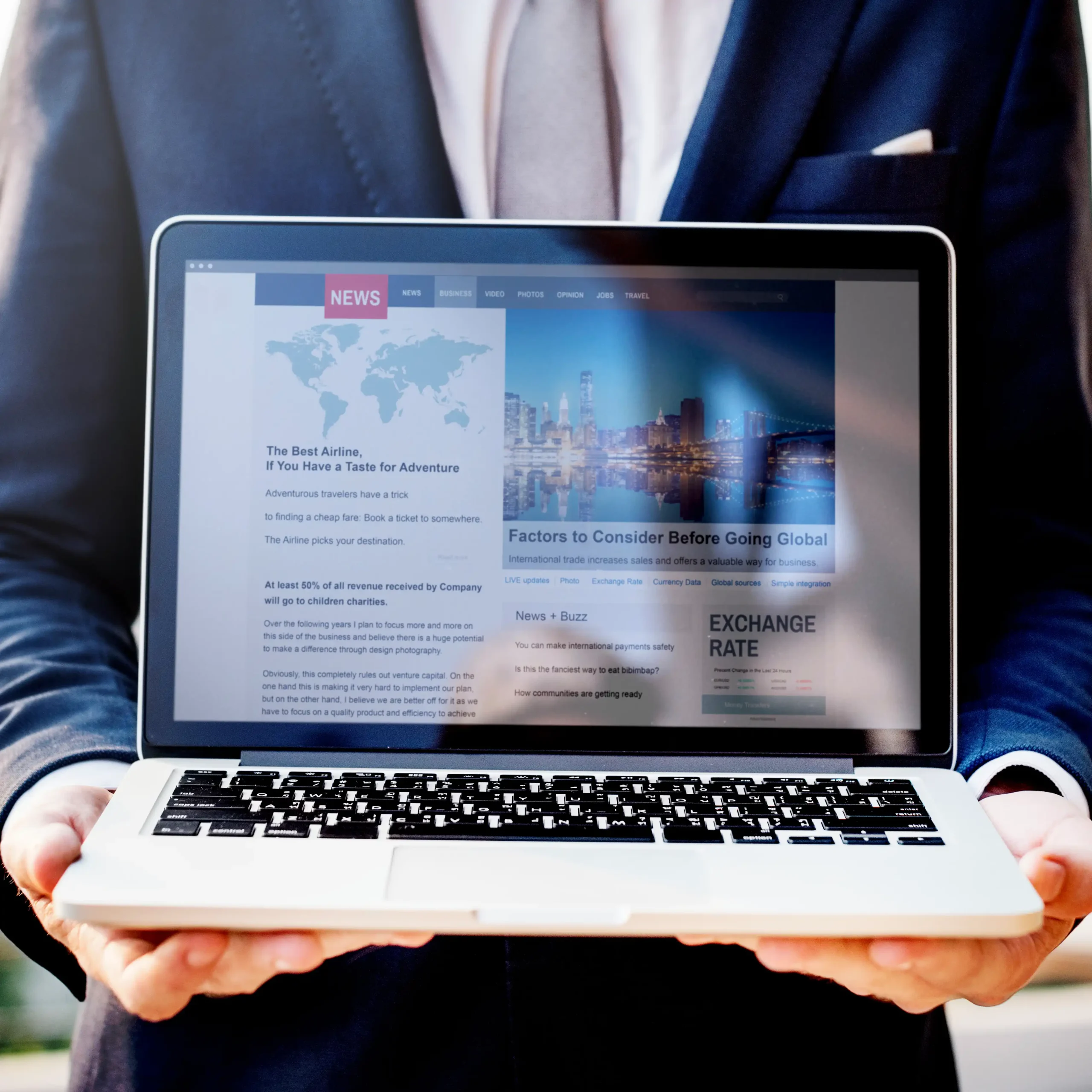 Businessman presenting news on laptop screen